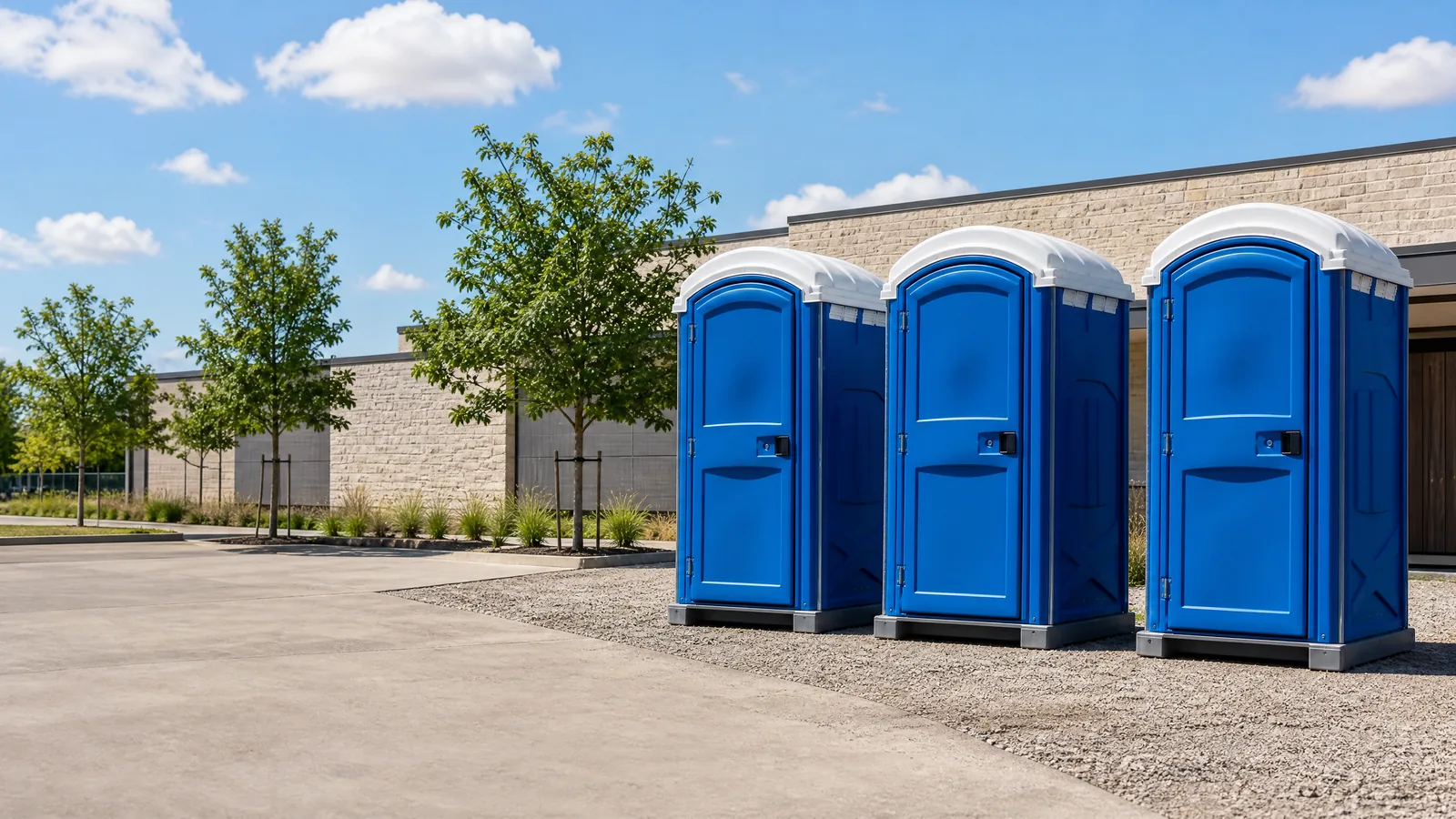 Clean portable restroom units prepared for rental planning